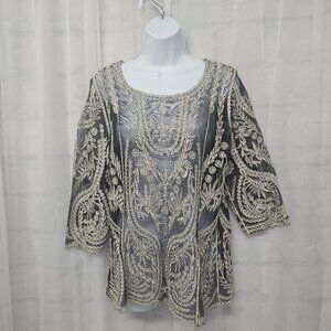 Ultra Pink Blouse Sheer Mesh Embroidered Goth Whimsigoth Fairy Black Gray L